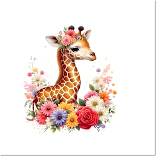 A baby giraffe decorated with beautiful colorful flowers. Posters and Art